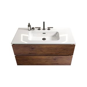 Mobile bagno sospeso TIA da 36 pollici in noce con ampio spazio contenitivo, lavabo in ceramica e design per tre fori per rubinetti - Product Image 3