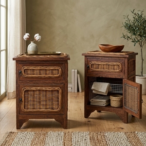 New Modern Minimalist Ambon Wooden Storage Cabinet Natural Rattan Wicker Drawer Door <b>Side</b> <b>Table</b> Storage Unit Living Room Bed - Product Image 2