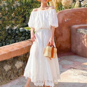 Ensemble robe et jupe longue en dentelle à épaules dénudées pour femme, blanc, tenue décontractée d'été pour les vacances - Product Image 1