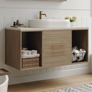 Mobile Bagno Moderno Sospeso da Parete 38.2 con Lavabo Ovale in Ceramica, Mobiletto Multistrato in Legno Massello e Cassetti con Chiusura Ammortizzata - Product Image 4