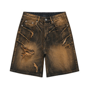 Shorts de mezclilla desgastados para mujer, de pierna recta, corte holgado, cintura media, estilo vintage, rasgados, de algodón, casuales de verano - Product Image 1