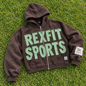 Rexfit Sports Full Zip <b>Hoodie</b> Featuring <b>Large</b> Distressed Applique Rhinestone Detail Soft Fleece Fabric And Relaxed Streetwear - Product Image 3