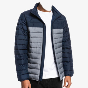Men's <b>Navy</b> <b>Blue</b> Gray Color Blocking Puffer <b>Jacket</b> Stand Collar Zipper Closure Casual Windproof Autumn Outerwear Regular Fit - Product Image 4