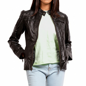 Chaqueta de Motociclista de Cuero Genuino Marrón para Mujer, Manga Larga, Cuello Camisero, Cierre de Cremallera, Estilo Otoñal - Product Image 6