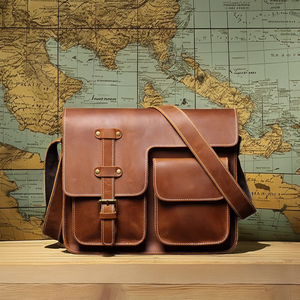 Sac bandoulière messager vintage en cuir véritable pour homme, style moto, multi-poches, petit logo boutonné, tendance, style national - Product Image 2