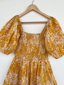 Yellow Floral Smocked Bodice Short Sleeve Lightweight Cotton <b>Summer</b> Maxi <b>Dress</b> Women's Spring <b>Dress</b> <b>Bohemian</b> Fashion Clothing - Product Image 2