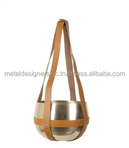 Hanging gold metal planter with leather hanger