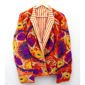 Orange Velvet Embroidered Bohemian <b>Coat</b> Mandarin Collar Three Quarter Sleeve Handcrafted Floral Pattern Autumn Wear Reversible - Product Image 2