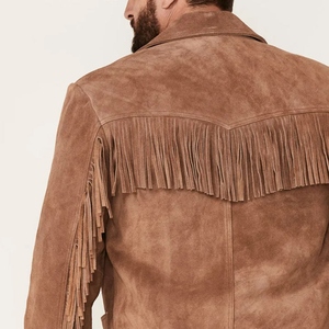 Premium Brown Genuine <b>Suede</b> Leather <b>Men</b> Fringe <b>Jacket</b> Retro Turn Down Collar Cowboy Style Wholesale Customization Available - Product Image 5