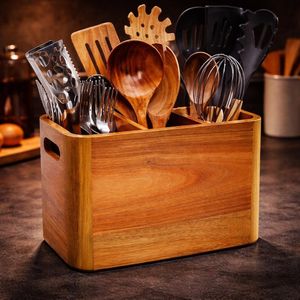 Acacia Wood Utensil Holder, Rustic <b>Kitchen</b> Cutlery Organizer, Wall Mount <b>Caddy</b> - Product Image 6