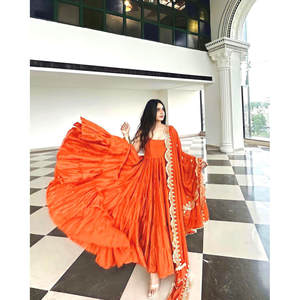 DISEÑADOR VESTIDO LISO FONDO CON BORDADO TRABAJO DUPATTA NARANJA - Product Image 1