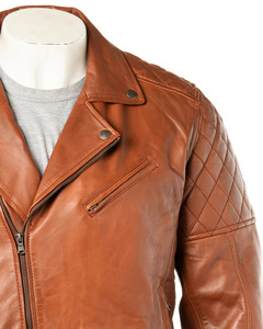 Veste moto en cuir véritable pour homme, marron, matelassée, fermeture éclair aux épaules, col rabattu, coupe classique, style automne - Product Image 4