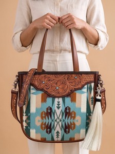 Sac à main en cuir véritable de style western, forme seau, avec rabat, pompon, léger, décontracté, sac à bandoulière, double poignée, bandoulière géométrique - Product Image 5