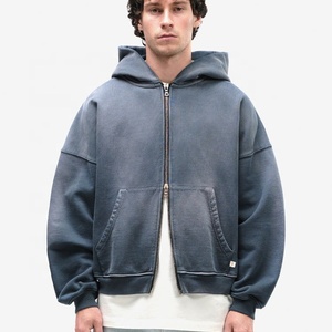 Sudadera con capucha y cremallera doble personalizada, Sudadera con capucha cuadrada recortada Vintage Stone Acid Sun Fade Wash, Sudadera con capucha de algodón desgastado para hombre, capucha de gran tamaño - Product Image 1
