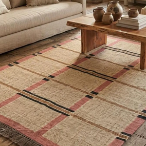 Pink Grid Wool Jute Area <b>Rug</b> Handmade Farmhouse Carpet Geometric Boho Rustic Living Room Bedroom <b>Natural</b> Fiber Floor <b>Rug</b> - Product Image 1
