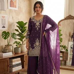 Conjunto de Kurta y Palazzo de Seda Romana Bordada con Lentejuelas y Dupatta Nazmeen para Mujer, Ropa Étnica Festiva - Product Image 4
