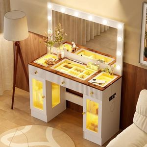 43.3\" Modern Glass Top <b>Makeup</b> <b>Vanity</b> Desk with Large Mirror for Hollywood Bulbs Drawers & Power Outlet for Hollywood Glamour - Product Image 2