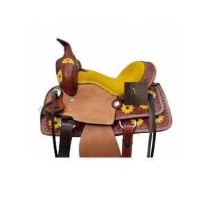 Floral <b>Hand</b> Tooled Painted Brown Leather Western Barrel Horse Saddle Metal Conchos Yellow Padded Seat Studded Latigo Straps LLT - Product Image 3