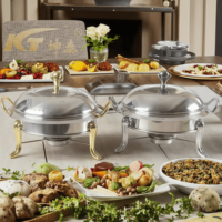 Chauffe-Plats Professionnel Rond en Acier Inoxydable 201 de 9L pour Buffet d'Hôtel, Alimenté au Gaz, avec Maintien au Chaud de 6 à 8 Heures