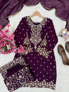 Ensemble Kurta Palazzo brodé violet avec dupatta, vêtements ethniques indiens pakistanais pour femmes, tenue de fête - Product Image 5