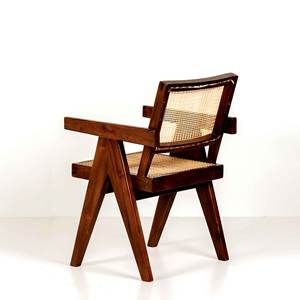 Fauteuil de bureau style Pierre Jeanneret en bois massif avec pieds en V et tressage en rotin naturel pour salle à manger et bureau - Vente en gros - Product Image 4