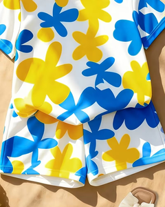Girls Casual Breathable Medium Stretch High Quality Polyester/Cotton Clothing Set Short Sleeve Crew Neck Top Floral Shorts - Product Image 3