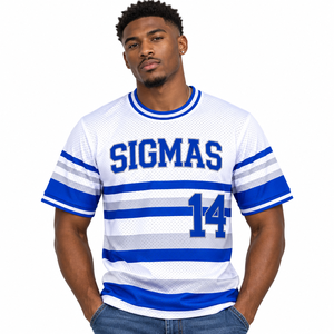 Camiseta Deportiva de Manga Corta para Hombre Phi Beta Sigma, Blanca y Azul Rey, 100% Algodón, 14 Mallas, Transpirable, con Rayas y Cuello Redondo - Product Image 1