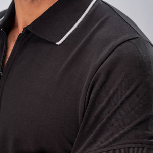Men's <b>Black</b> Short Sleeve <b>Polo</b> Shirt With Zipper Closure Solid Color Casual Pique Knitted Breathable Cotton <b>Top</b> - Product Image 5