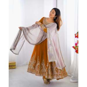 Designer Heavy Multi-Thread Embroidery Sequence Work <b>Evening</b> Dress Party Wear <b>Gown</b> with Dupatta - Product Image 4