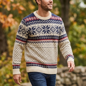 Pull ras du cou en coton jacquard Fair Isle pour homme, motif coloré nordique, respirant, chaud, tricot décontracté, OEM ODM, vente en gros, usine, logo personnalisé - Product Image 6