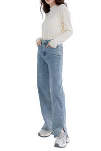 Prêt à Expédier Conception de Fissure de Processus de Laser Prix de Gros de Haute Qualité Jean Droit Super Stretch pour Femmes - Product Image 4
