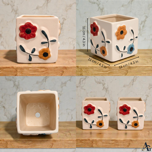 Pot de fleurs carré en céramique verni brillant peint à la main avec trou de drainage, écologique, 12 cm, pour intérieur/extérieur, décoration de jardin - Product Image 6