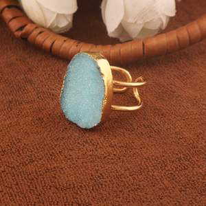 Anillo de Plata de Ley 925 Chapado en Oro de 14K con Ágata Druzy, Ajustable, con Cristal en Bruto, Doble Banda, Joyería Hecha a Mano - Product Image 2