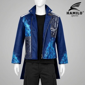 เสื้อแจ็คเก็ตมอเตอร์ไซค์ผู้หญิง HAMILO ลายพิมพ์เปลวไฟสีน้ำเงิน ประดับหมุด หนัง PU สำหรับขี่มอเตอร์ไซค์ - Product Image 6
