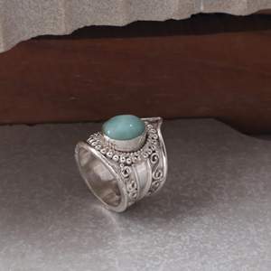 Handmade 925 Sterling Silver <b>Gold</b> Plated Natural Larimar Bezel <b>Set</b> Cabochon Christian Statement <b>Ring</b> Vintage Boho Gemstone - Product Image 6