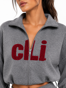 Wholesale Chenille Applique Stand Collar Zip <b>Cropped</b> <b>Top</b> Custom Hoodies Relaxed Fit Palazzo Sweatpants Two Piece Athleisure <b>Set</b> - Product Image 4