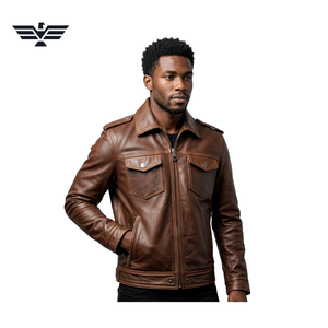 Chaqueta de Cuero Marrón para Hombre con Cierre de Cremallera, Cuello Alto, Bolsillos con Solapa, Logotipo Frontal y Transpirable - Product Image 5
