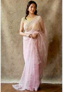 Saree en soie organza pure avec fil élégant Zari paillettes chemisier long de Style indien pour les mariages et les fêtes des femmes - Product Image 2