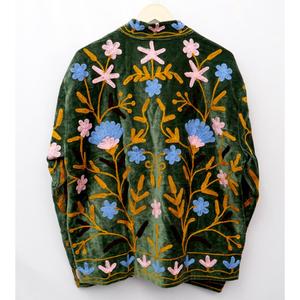 Cardigan en velours vert brodé de fleurs, ouvert sur le devant, réversible, col mandarin, style bohème, manteau trois quarts, écologique - Product Image 6