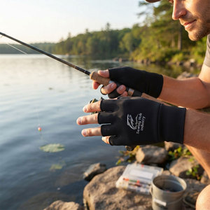 Gants de pêche unisexes à demi-doigts avec logo brodé personnalisé, en tissu polyester léger, avec poignets élastiques tissés - Product Image 6