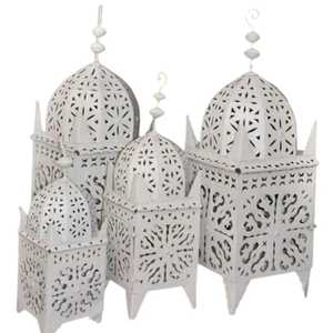 Pair of golden hexagonal lanterns geometric cutout panels domed tops <b>string</b> <b>lights</b> rustic farmhouse indoor <b>outdoor</b> festive - Product Image 6