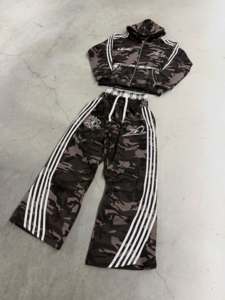 <b>Burgundy</b> Custom Cropped Zip <b>Hoodie</b> With Striped Wide Leg Sweatpants Two Piece Matching Streetwear Fleece Tracksuit - Product Image 5