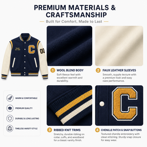 Chaqueta Varsity Unisex Azul Marino de Forro Polar con Letra C Bordada en las Mangas y Logotipo del Equipo, Estilo Ropa de Trabajo Resistente, Ropa de Invierno - Product Image 3