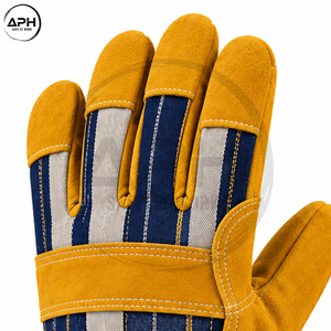 Gants de travail en cuir de vachette jaune, dos en toile rayée bleue, manchette en caoutchouc, double paume renforcée - Product Image 5