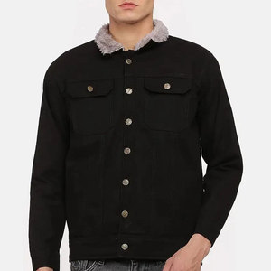 Veste en jean noire pour homme avec col en fausse fourrure, style décontracté, coupe classique, fermeture à boutons, vêtement d'automne - Product Image 1