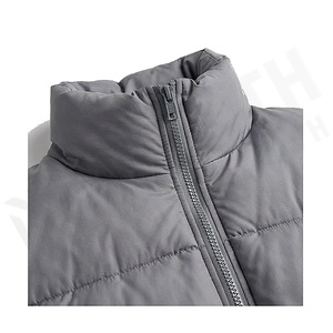 Women's Quilted Puffer Jacket Solid Gray Full Sleeve Stand Collar Zipper Closure Windproof Winter Coat Adjustable Waist - Product Image 4