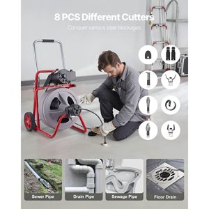 Macchina Portatile per la Pulizia di Scarichi e Fognature con Alimentazione Automatica, 75 FT x 1/2 Pollici, con 8 Ruote a Spirale per la Pulizia di Tubi e la Rimozione di Intasamenti - Product Image 5