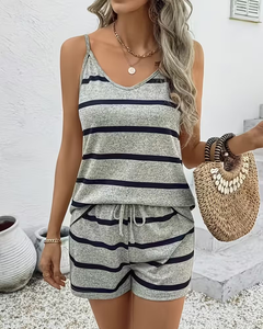 Women Striped 2-Piece Knitted Tank Top Shorts Set O-Neck Regular Casual Summer Wear Breathable Quick Dry Eco-Friendly Cotton - Product Image 4