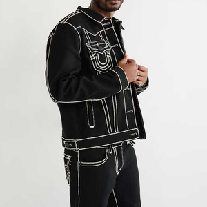 Men's <b>Black</b> Denim <b>Jacket</b> With White Embroidery Turn-down Collar Casual Style Regular Fit Autumn Wear - Product Image 5