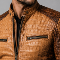 Veste en cuir marron pour homme, style motard, effet crocodile, col rabattu avec badge, fermeture éclair au dos